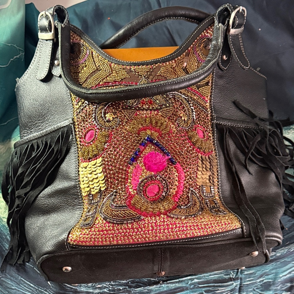 Black Fringe Shoulder Bag with Pink & Gold Embellishment